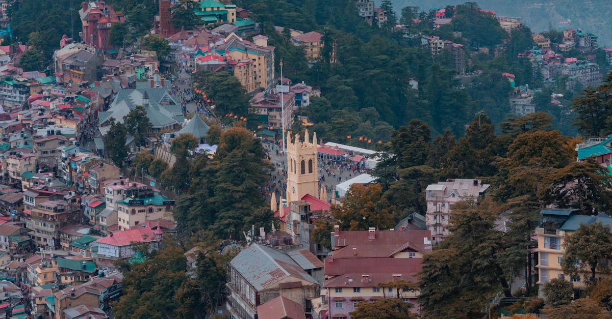 A stunning aerial view of Shimla, showcasing colorful hillside architecture amidst lush greenery.